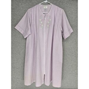 Amanda Stewart Purple Seersucker Zip Front House Dress Floral Embroidered M